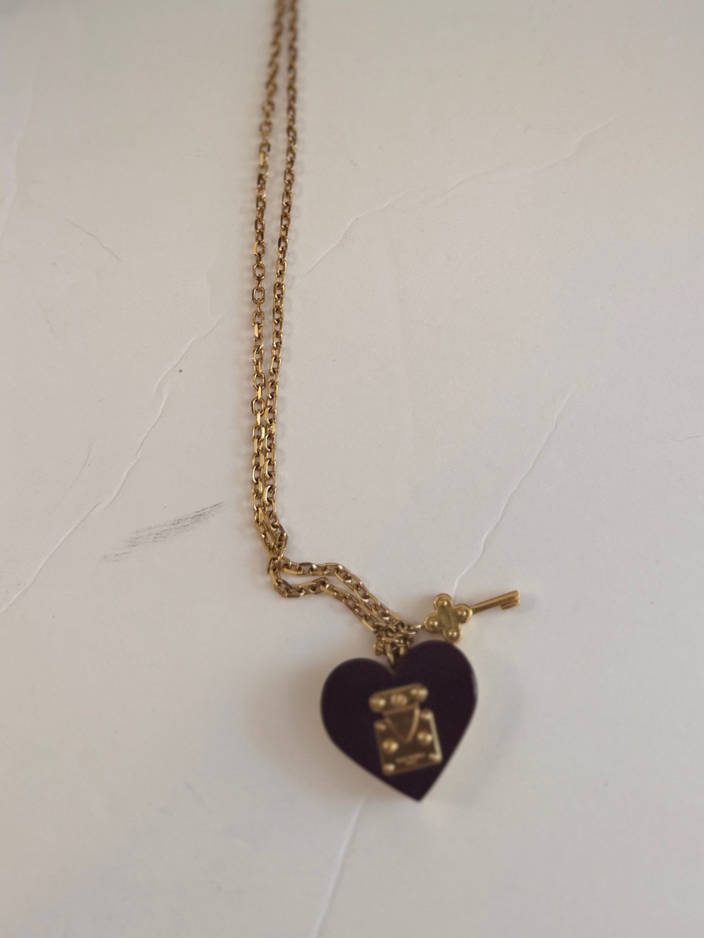 Louis Vuitton Gold Chain Necklace with Burgundy Heart Padlock - Picture 15 of 16